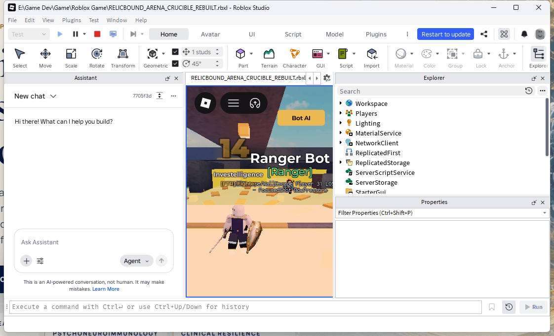 Relicbound class AI prototype running inside Roblox Studio
